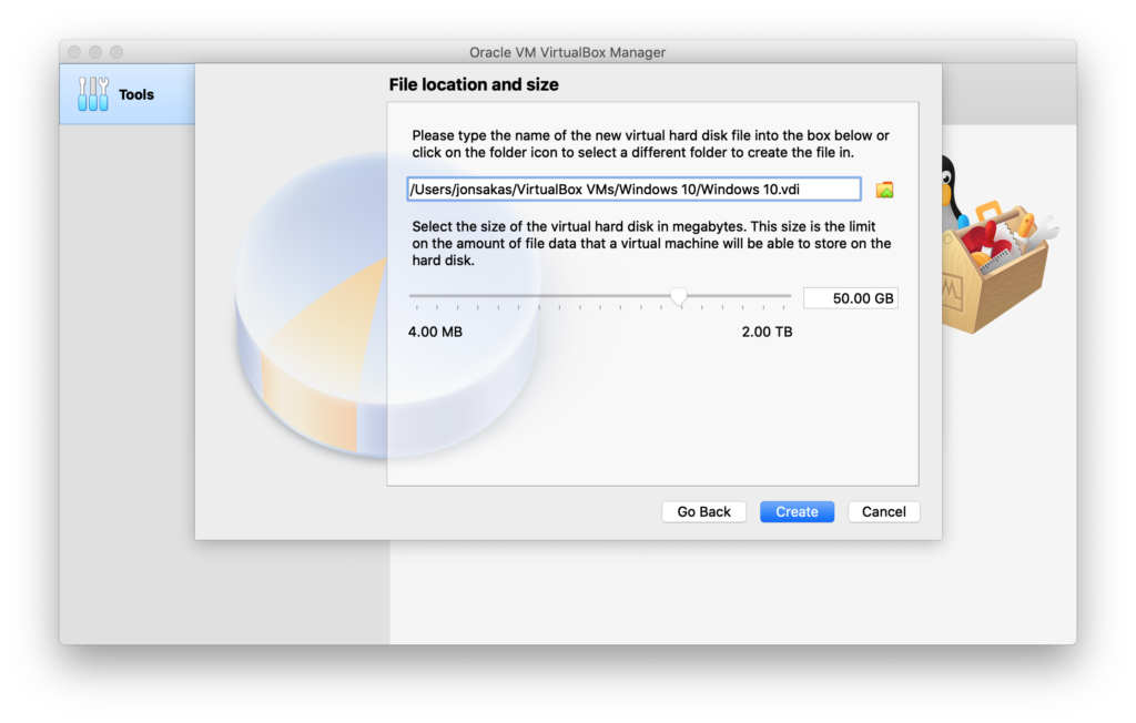 File location and size screen when creating a new virtual machine