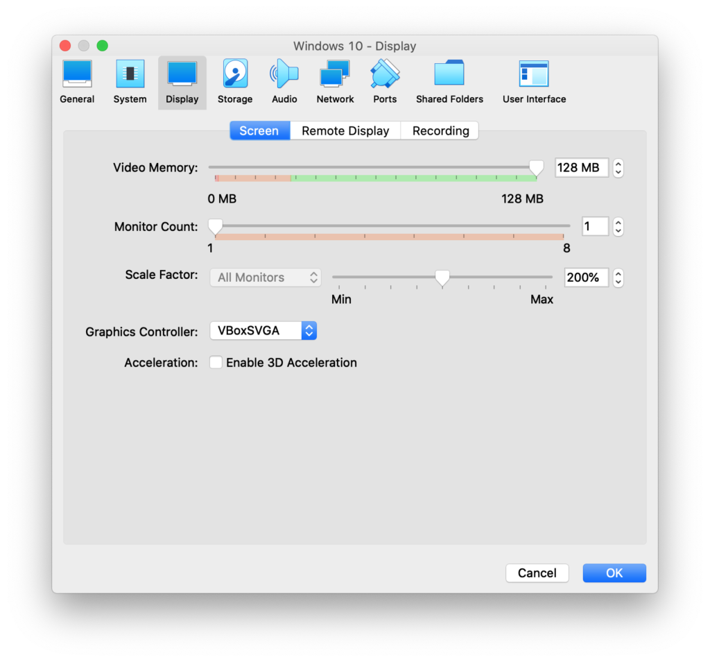 Virtual Machine display settings in VirtualBox