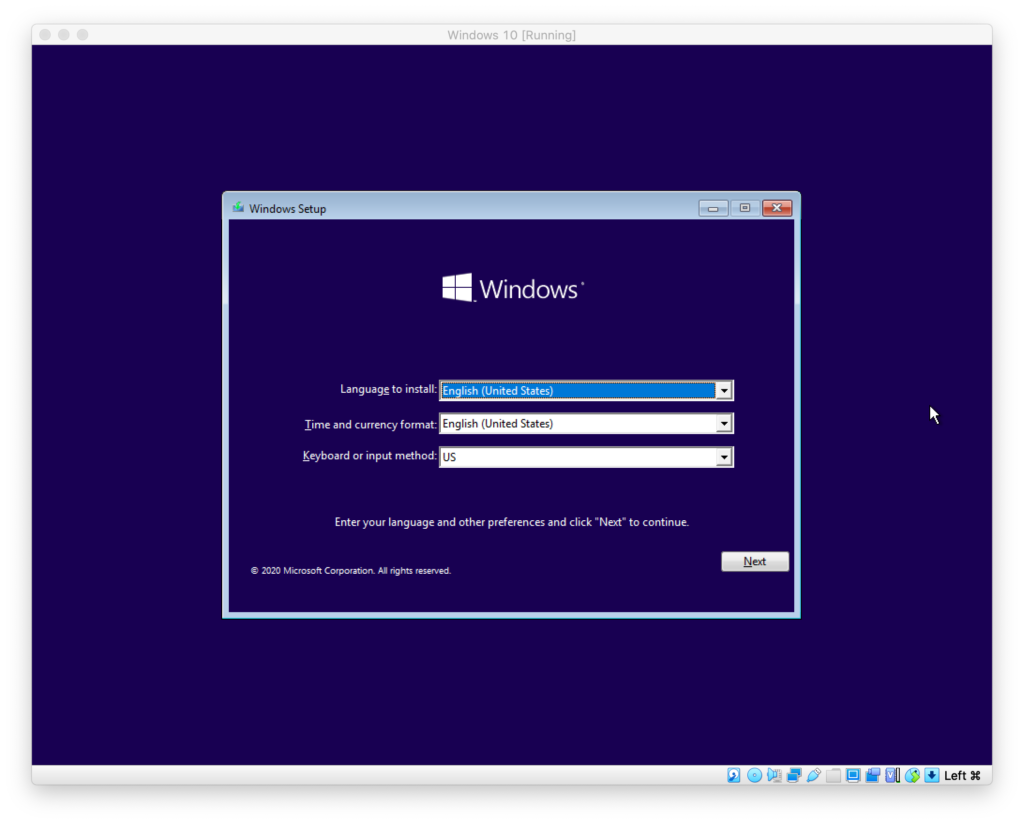 First screen of Windows 10 installation