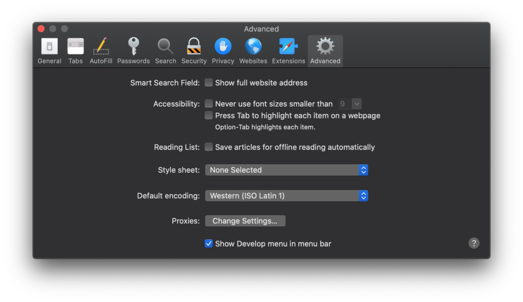 Safari Advanced Preferences Menu