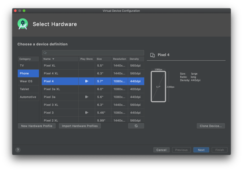 Virtual Device Configuration - Select Hardware