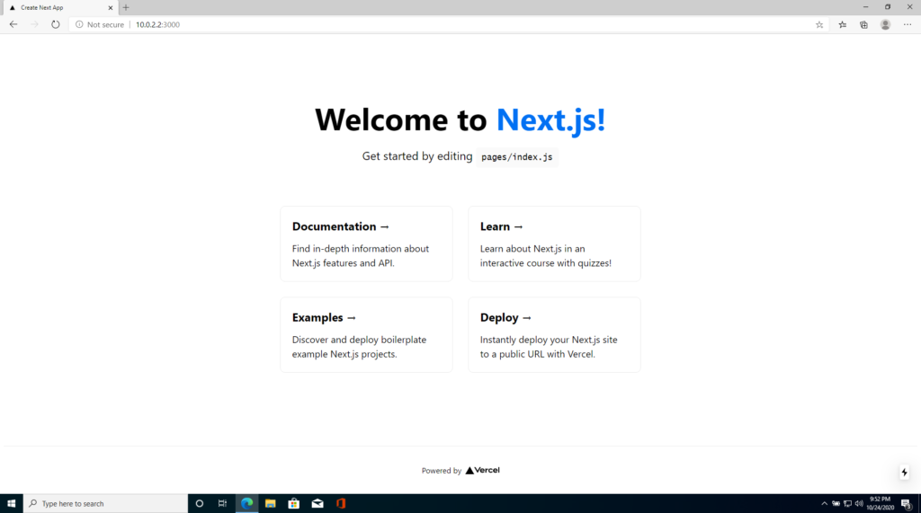 Create next app default start screen running on Windows 10 and the Edge browser
