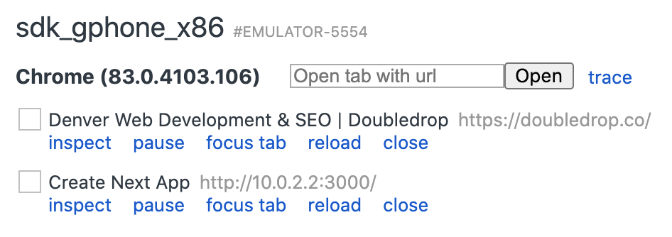 Chrome showing emulator tabs