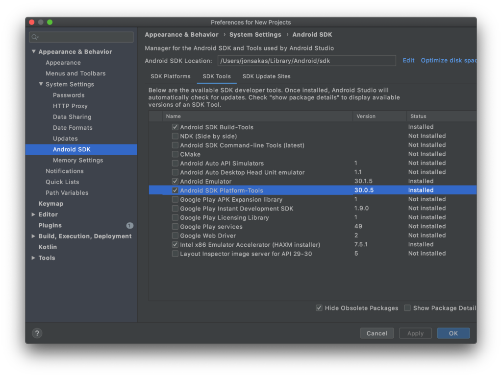 Android SDK Tools menu with Platform-Tools package highlighted